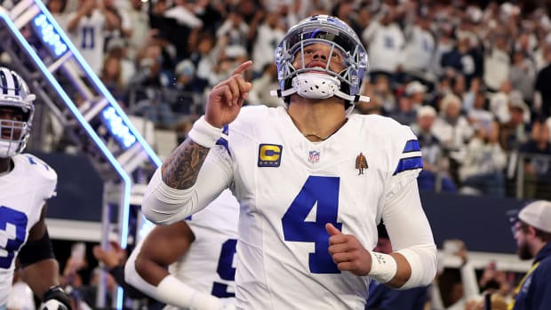Dallas Cowboys quarterback Dak Prescott (4) takes the field against the Green Bay Packers for the 2024 NFC wild-card game at AT&T Stadium.